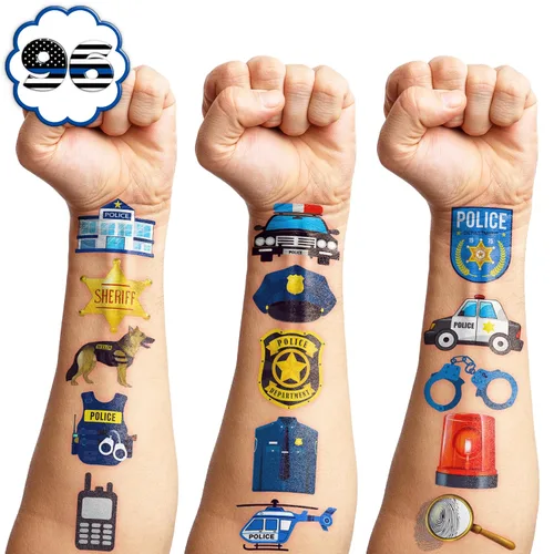 Miniatura 3 de 96 tatuajes temporales de oficial de policía para niños, 8 hojas de calcomanías lindas con temática de policía, recuerdos de fiesta de cumpleaños