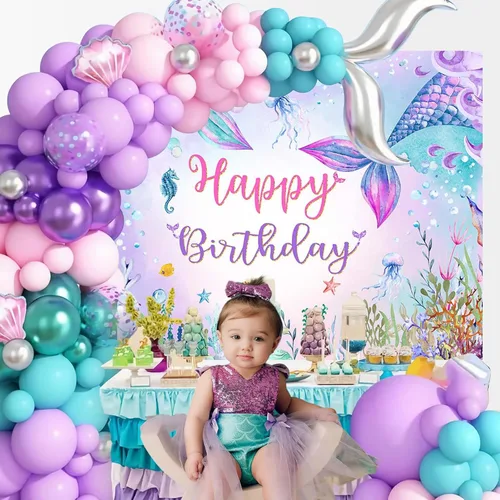 Miniatura 7 de Mocsicka Telón de fondo de cumpleaños de sirena de 7 x 5 pies, decoración de fantasía bajo el mar, decoración para niñas, fondo de fotografía