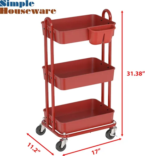 Miniatura 2 de Simple Houseware - Carro multiusos rodante de 3 niveles con cubos colgantes, color Rojo