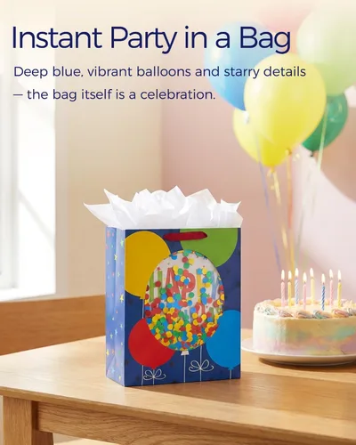 Miniatura 2 de SUNCOLOR Bolsa de regalo extragrande con ventana de confeti, papel azul, 15.7 x 12.6 x 5.7 pulgadas, diseño de globos de cumpleaños, incluye papel