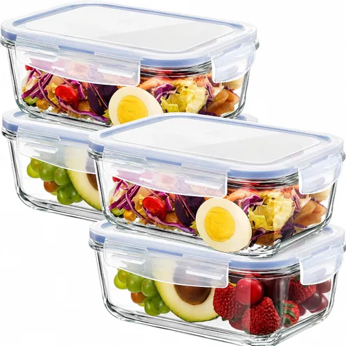 Blushtier Juego de 4 recipientes de almacenamiento de vidrio grandes de 8 tazas con tapas herméticas de 63 onzas, recipientes de borosilicato para