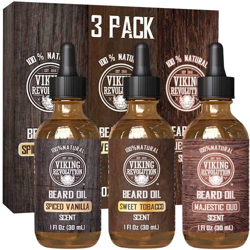Miniatura 8 de Viking Revolution Aceite para barba para hombre, paquete de 3 unidades, juego variado de aceite natural para barba para hombre, aroma de sándalo