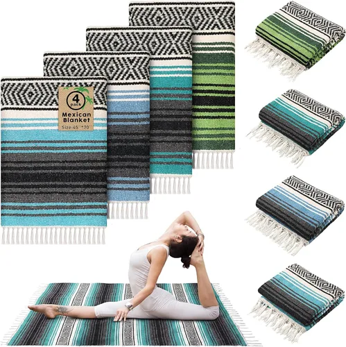 Oudain 4 mantas mexicanas tejidas a mano a granel, manta de yoga mexicana colorida falsa serape, manta tejida bohemia para acampar al aire libre,