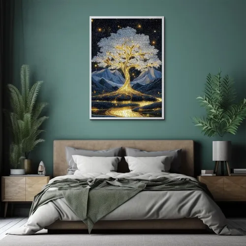 Miniatura 5 de Rompecabezas de árbol de la vida dorado para adultos de 1000 piezas, rompecabezas de paisaje de árbol brillante de fantasía con montañas de cielo