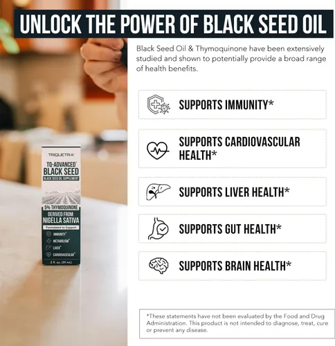 Miniatura 5 de Aceite de semilla negra líquido 5% Timoquinona - TQ-Advanced® Alta potencia - 100 mg por porción - Concentrado 15:1 de extracto de Nigella