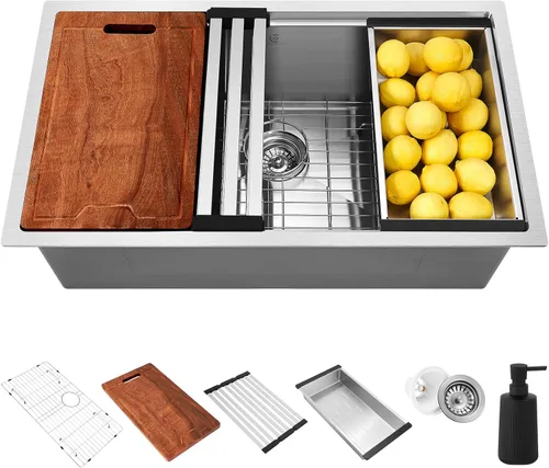 Miniatura 9 de Fregadero de cocina de acero inoxidable de 30 pulgadas, calibre 16, estación de trabajo de cuenco único, empotrado, montaje superior de 2 agujeros