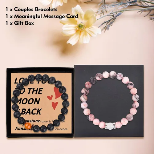 Miniatura 105 de 2 pulseras magnéticas para parejas, piedra natural negra mate, cristal para votos de amor eterno, juego de pulseras de cuentas de piedra de energía