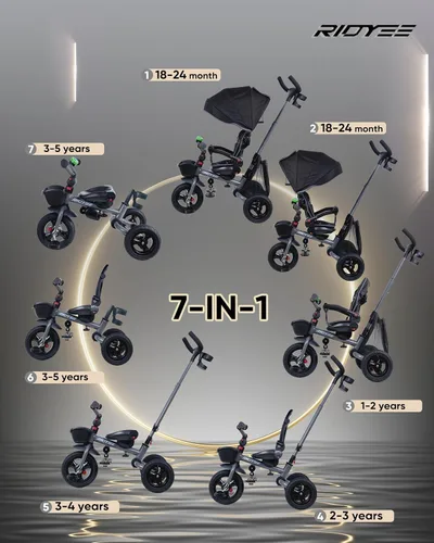 Miniatura 2 de RIDYEE 7 en 1 Triciclo plegable para niños pequeños de 18 meses a 5 años, cochecito triciclo con frenos duales, neumático de goma todo terreno, gris