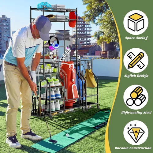 Miniatura 3 de ROOMTEC Organizador de almacenamiento de bolsas de golf, estante de almacenamiento de bolsas de golf para garaje, estante de almacenamiento