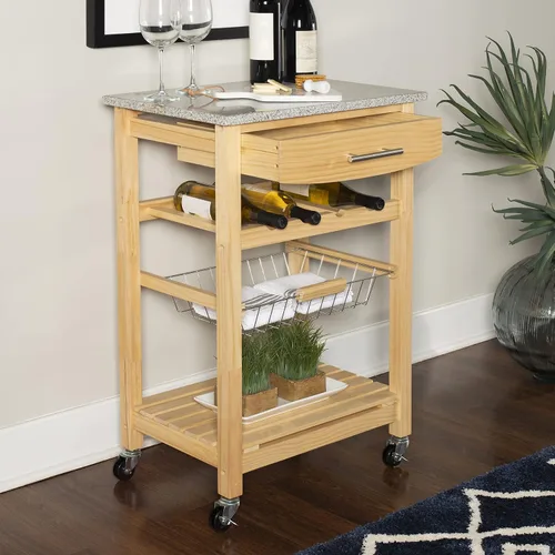 Miniatura 10 de Linon Isla de cocina con tapa de granito natural Mila con cesta de almacenamiento y ruedas