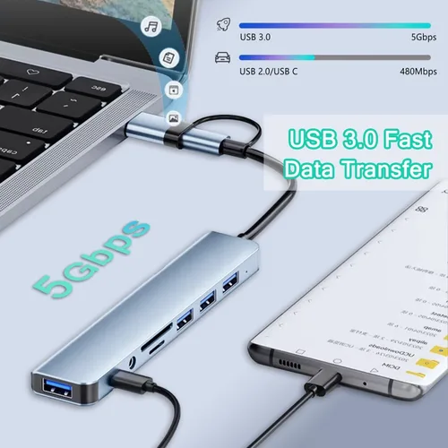 Miniatura 3 de Hub USB C Hub USB 3.0, extensor USB 8 en 1 de aluminio VIENON con lector de tarjetas SD/TF, conector auxiliar de auriculares de 3.5mm para MacBook