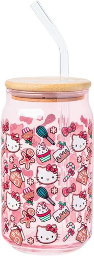 Miniatura 22 de Silver Buffalo Sanrio - Vaso de vidrio rosa con tapa de bambú y sorbete de vidrio de Hello Kitty, 16 onzas Hello Kitty Agitando