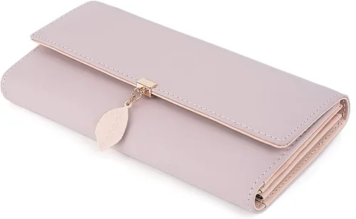 Miniatura 5 de UTO - Cartera pequeña RFID de piel sintética con dije de hoja, cierre de cremallera y tarjetero.