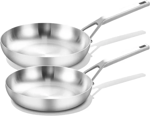 Yeksum Juego de Sartenes de Acero Inoxidable de Tres Capas, 10 Pulgadas y 12 Pulgadas, Juego de Sartenes, Calor Rápido y Uniforme, Sartén de Cocina