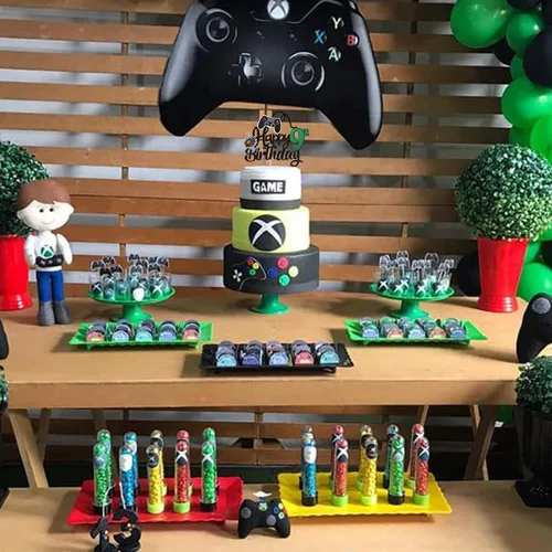 Miniatura 4 de 1 PCS Decoración para Pastel de Videojuegos Feliz 9º Cumpleaños con Purpurina Palillo para Pastel de Videojuegos Game On Controladores Nine Cheers