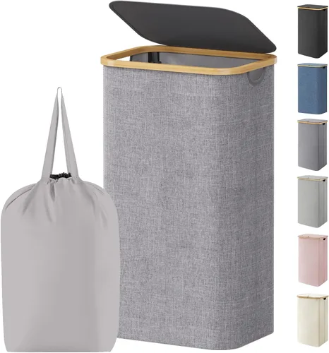 Miniatura 36 de Lifewit Cesta de ropa de 120L con tapa, cestas de ropa para lavandería con asas de bambú y una bolsa de lavandería extraíble, cesta plegable grande