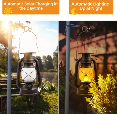 Miniatura 2 de Linterna Solar para Exterior Impermeable, Luces Solares LED Vintage con Llama Parpadeante, Lámparas de Camping, Linterna Rústica Colgante de Carga