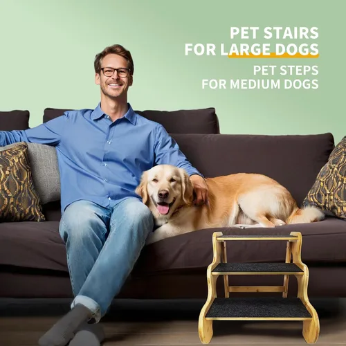 Miniatura 4 de Escaleras para perros pequeños, rampa de madera de bambú de 3 escalones para perros, mascotas/gatos para sofá, cama y automóvil, puede soportar un