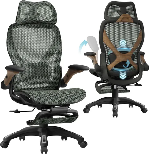 ELABEST X100 Silla de oficina ergonómica de malla con reposapiés, silla grande y alta para escritorio con brazos abatibles 5D, soporte lumbar