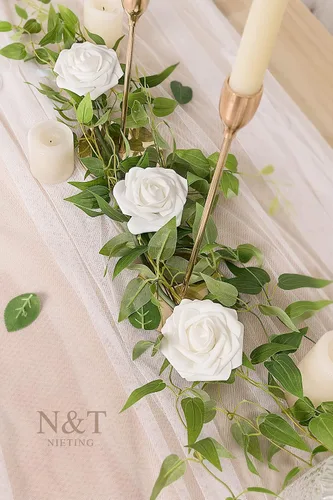 Miniatura 408 de N&T NIETING Flores artificiales, rosas artificiales de color rosa intenso, 50 piezas de flores falsas con tallo para ramos de boda DIY, centros