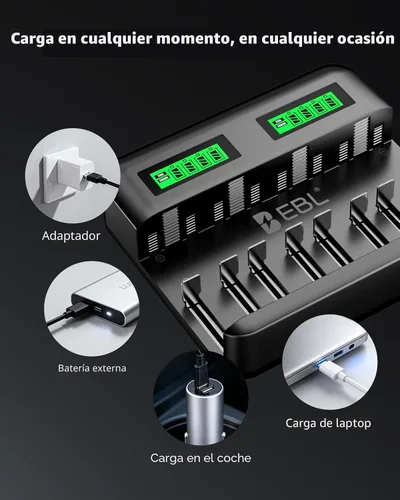 Miniatura 7 de EBL LCD Cargador de Batería de 8 Bahías, Cargador de Batería Recargable AA AAA C D para Baterías Recargables Ni-MH AA AAA C D Baterías con Puerto