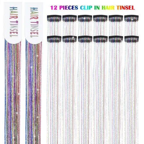 Miniatura 2 de Paquete de 12 extensiones de cabello de oropel con clip, 24 pulgadas, accesorios para el cabello de hada brillante para niñas y mujeres, fiesta