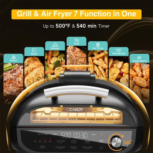 Miniatura 3 de Candy Parrilla interior y freidora de aire con accesorios de cerámica, 500 °F máximo, pantalla digital 7 en 1, 5.2 cuartos de galón de humo Negro