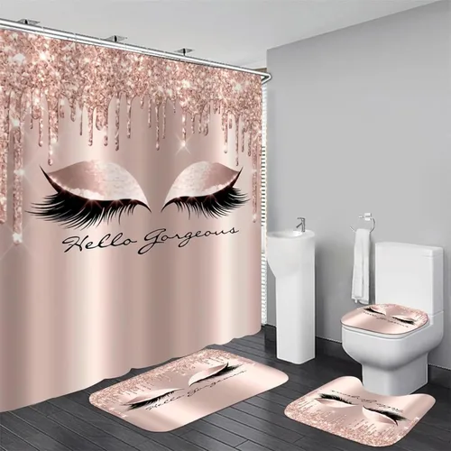 Miniatura 10 de AZHM 4 piezas Juegos de Cortinas de Ducha con Citas Inspiradoras con Alfombras, Juego de Decoración Floral de Baño con Cortina de Ducha y Alfombras