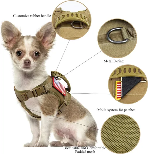 Miniatura 6 de Chaleco táctico de servicio para perro, K9 ajustable militar de trabajo, resistente al agua, cómodo chaleco para perro MOLLE con asa (XS, caqui)