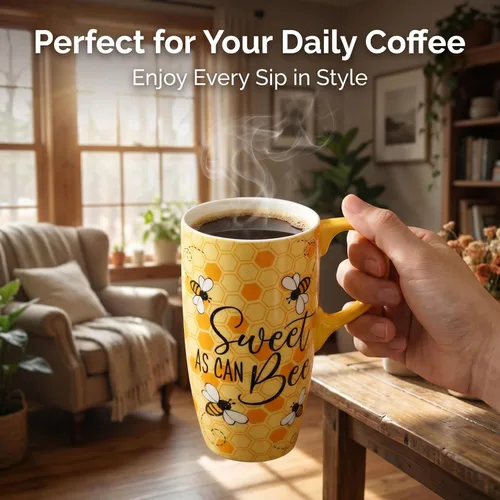 Miniatura 8 de Topadorn Taza de cerámica de café de porcelana con tapa en caja de regalo de 17 onzas, tazas de café novedosas para hombres, mujeres, oficina y Abeja