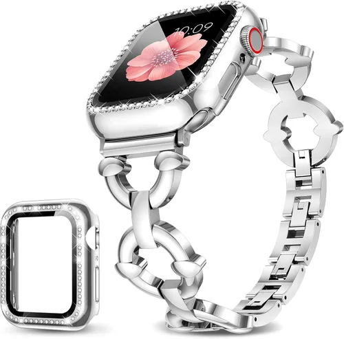 Mesime Compatible con Apple Watch Band de 38mm 40mm 41mm 42mm 44mm 45mm 46mm, Correas de joyería brillantes para mujer con protector de pantalla de