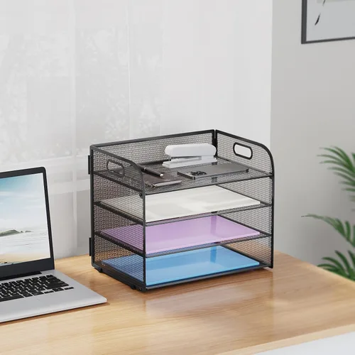 Miniatura 7 de Marbrasse Organizador de Papel de 4 Niveles Bandeja para Cartas - Organizador de Archivos de Escritorio de Malla con Asa, Organizador Clasificador