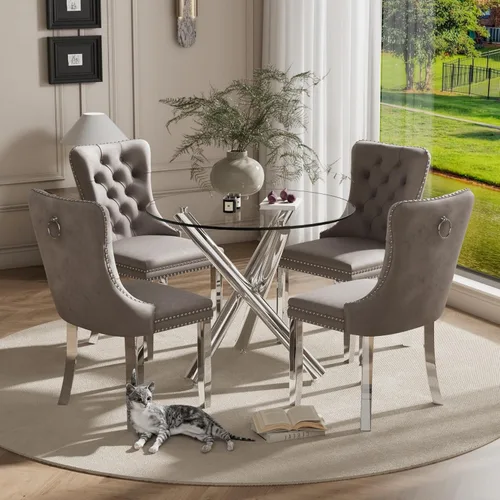 Miniatura 54 de Juego pequeño de mesa redonda con tapa de vidrio transparente para 2, 36'' Juego moderno de lujo para cenas circulares, 3 piezas Juego minimalista