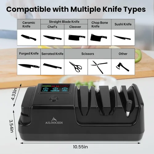 Miniatura 5 de Afilador de cuchillos eléctrico con pantalla LCD, afilador de cuchillos ajustable de velocidad de 3 etapas para todos los cuchillos de cocina, Negro