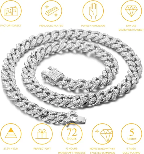 Miniatura 3 de Halukakah Cadena de eslabones cubanos de diamantes para niños 0551in chapado en oro real y oro blanco platino 18 quilates juego de collar