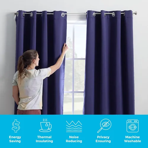 Miniatura 4 de Linenspa Juego de 2 paneles de cortinas 100% opacas, cortinas azul marino de 63 pulgadas de largo, aislamiento térmico, reducción de ruido