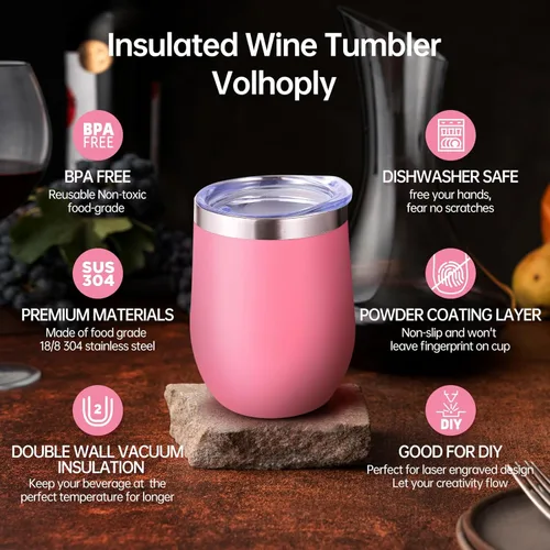 Miniatura 3 de Volhoply - Juego de 12 vasos de vino de 12 onzas con tapa, hechos de acero inoxidable con aislamiento al vacío de doble pared, vasos de vino sin Rosa