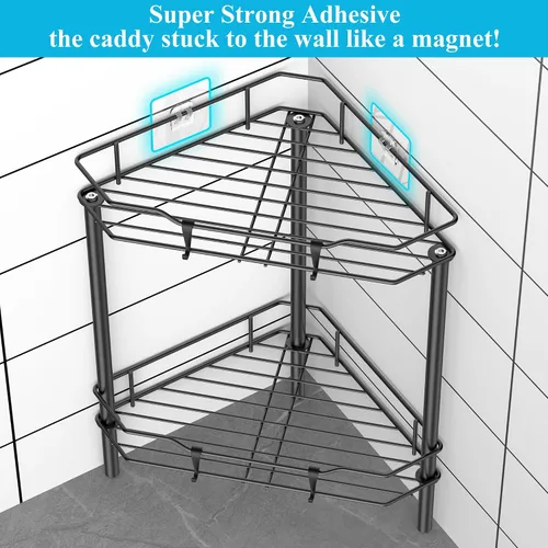 Miniatura 2 de HuggieGems Estante Organizador de Esquina para Ducha de 2 Niveles con Ganchos, Soporte de Estantes de Baño, Negro