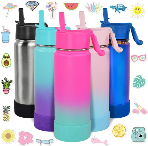 Miniatura 29 de CHILLOUT LIFE - Botella de agua aislada de 17 onzas con tapa con pajilla para niños, a prueba de fugas y bonitas calcomanías impermeables, termo