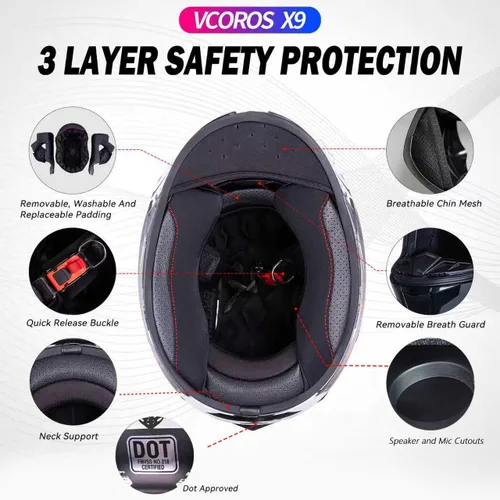 Miniatura 9 de VCOROS Casco integral de doble visera para motocicleta para adultos, Casco de moto de calle y carrera X9 aprobado por DOT con visera negra