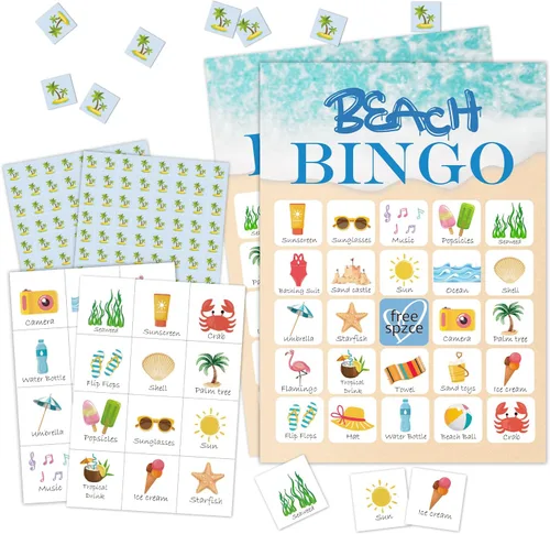 Juego de bingo en la playa, juego de bingo para 24 jugadores para adolescentes, fiesta de playa de verano, despedida de soltera, fiesta de