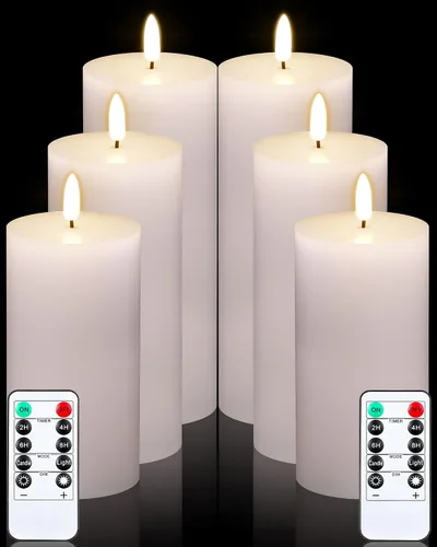 VIHOSE Juego de 6 velas blancas sin llama con control remoto y temporizador, velas parpadeantes sin llama con batería, pilar LED de parte superior