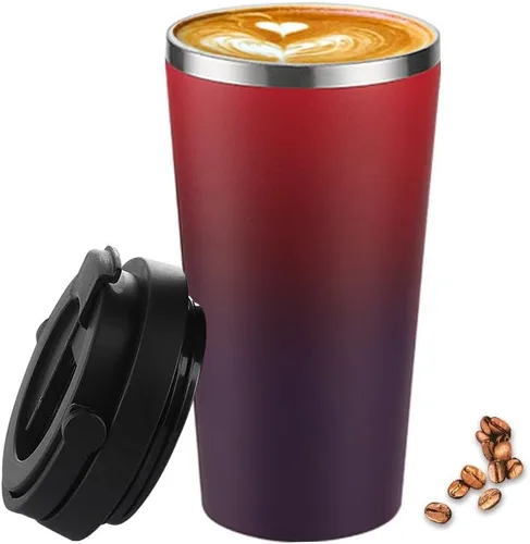 Miniatura 16 de Funkrin Taza de café aislada con revestimiento de cerámica, taza de café helado de 16 onzas con tapa abatible y asa, taza de viaje a prueba de fugas