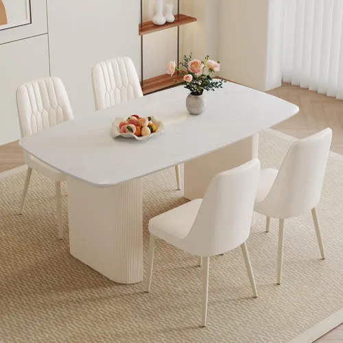 Juego de mesa de comedor blanca para 4, juego de mesa de comedor de mármol de 67 pulgadas con mesa ovalada blanca crema de 3.5 pulgadas de grosor y