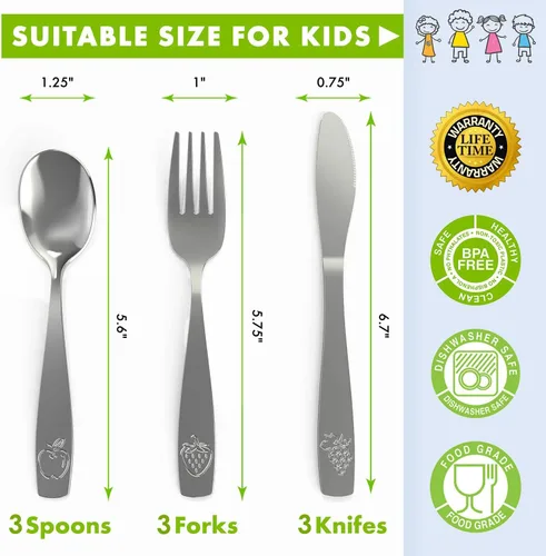 Miniatura 2 de Juego de cubiertos de acero inoxidable de 9 piezas para niños, cubiertos seguros para niños y niños, juego de utensilios para niños, juego