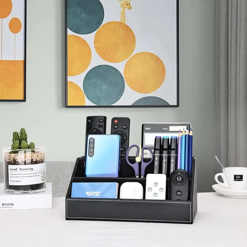 Miniatura 6 de KINGFOM™ Caja de almacenamiento y organizador de papelería multifunción para escritorio; estructura de madera y piel para la oficina del hogar; Negro