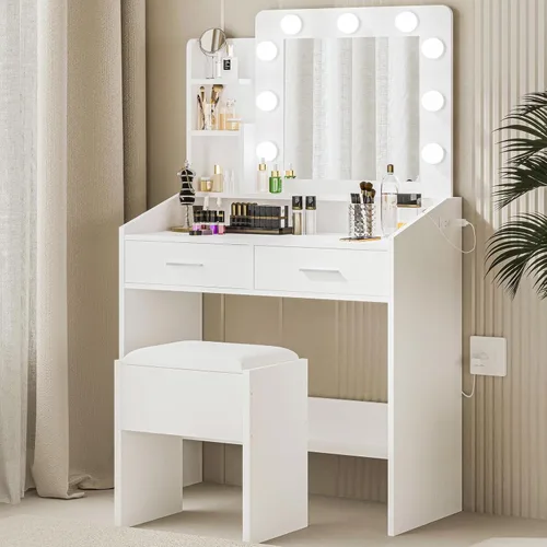 Miniatura 8 de Patikuin Escritorio de tocador con espejo y luces para dormitorio, mesa de maquillaje moderna de mármol blanco con 2 cajones, 3 modos de luz y LED