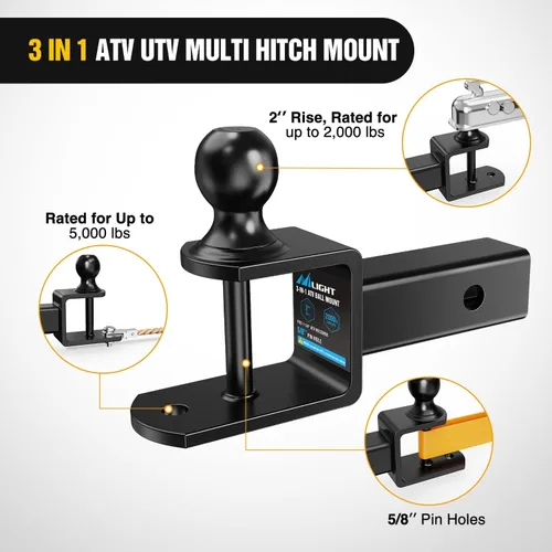 Miniatura 5 de Nilight Soporte de enganche múltiple 3 en 1 ATV UTV con bola de 2 pulgadas nominal de 2000 libras, se adapta a la correa del cabrestante receptor