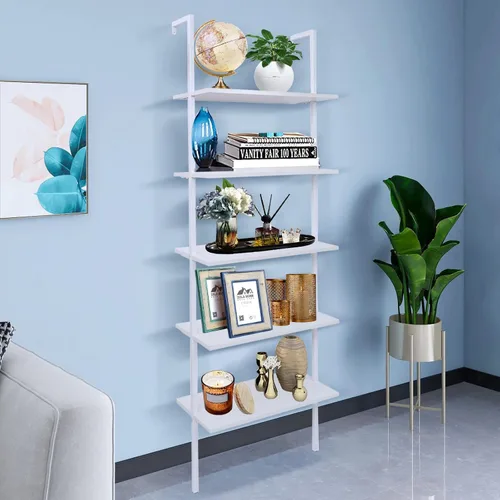 Miniatura 10 de Estantería de escalera de 5 niveles para montar en la pared, estantería de escalera con marco de metal y estante de madera, estantería de Roble