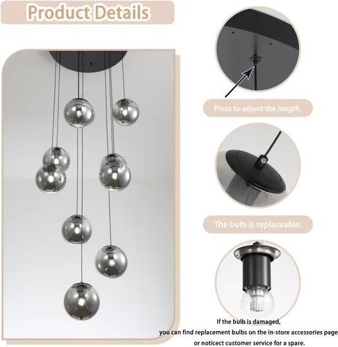 Miniatura 3 de ykolupty Lámpara colgante negra de 1 luz moderna de globo de vidrio gris ahumado, luces colgantes para isla de cocina, luces colgantes ajustables